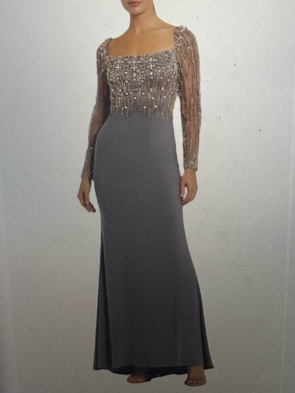 Mac Duggal Beaded Grey Evening Gown with Sheer Long Sleeves
